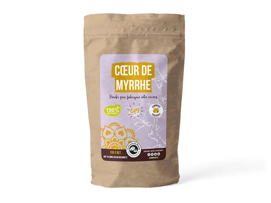 Coeur de Myrrhe DIY incense powder in kraft paper bag with purple label showing natural and fair trade certification icons