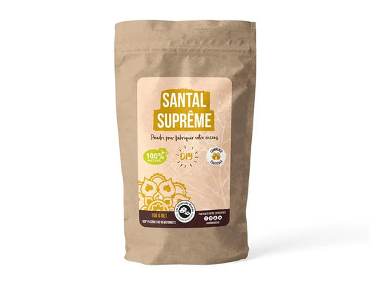 Supreme Santal DIY incense powder in kraft paper bag with yellow label, 100g pack for handmade incense making