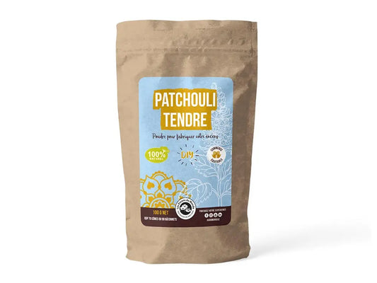 Patchouli Tendre DIY incense powder in kraft paper bag with blue label, 100g pack for handmade incense making