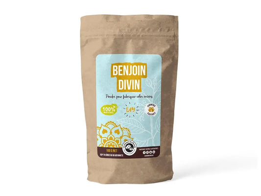 Benjoin Divin powder in kraft paper bag with blue label for DIY incense making, 100g natural resin packaging