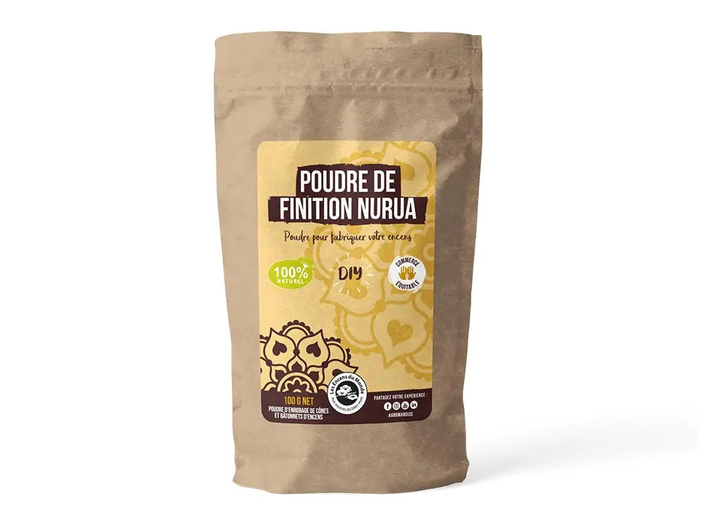 Nurua finishing powder for DIY incense making in kraft paper bag with yellow label, 100g traditional wood powder