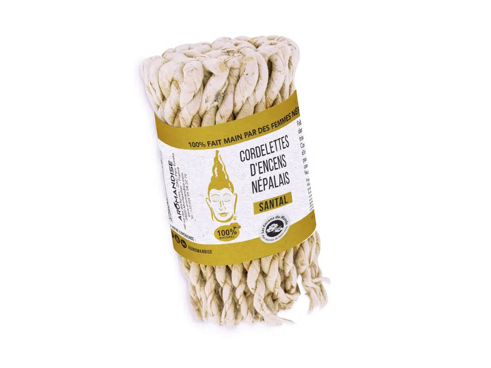 Traditional Nepalese sandalwood rope incense bundle with yellow band - Cordelettes nepalaises santal