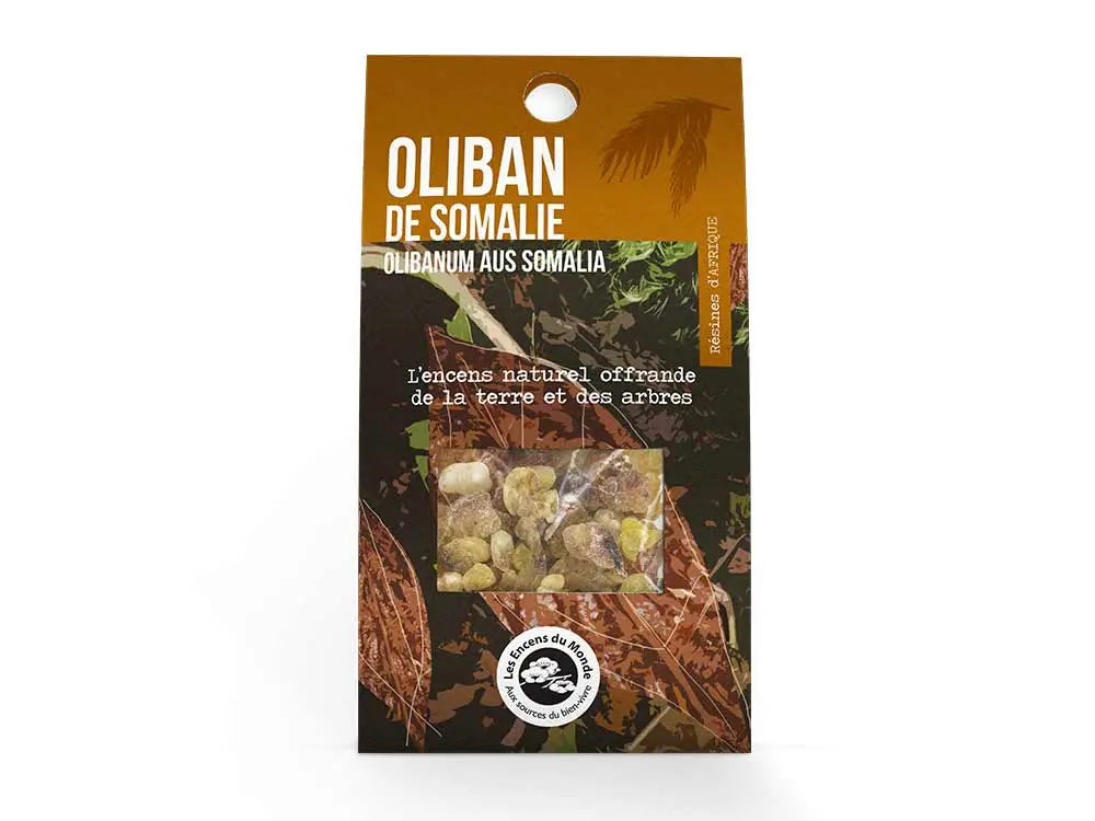 Package of Oliban de Somalie natural frankincense resin in golden amber crystals, displayed in transparent window pouch