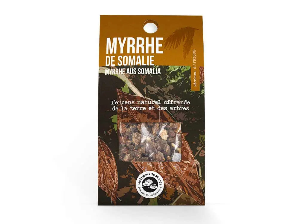 Somalian Myrrh natural resin in brown packaging, showing crystallized chunks of aromatic tree sap for incense burning, 40g pack