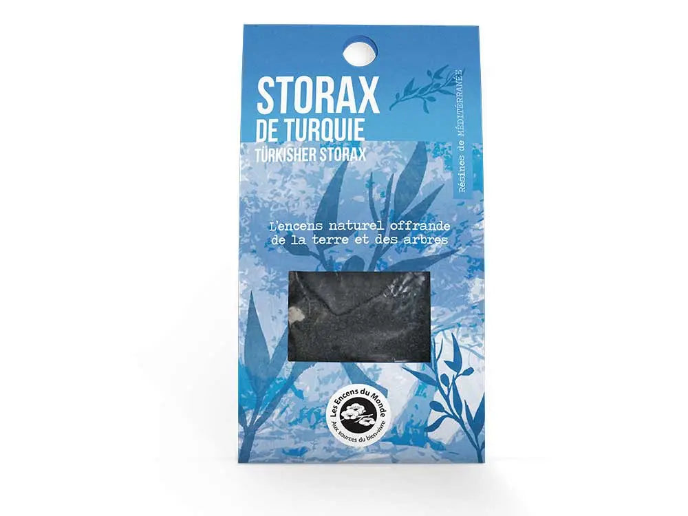 Turkish Storax incense packet with blue packaging showing dark resin through transparent window, natural aromatherapy product