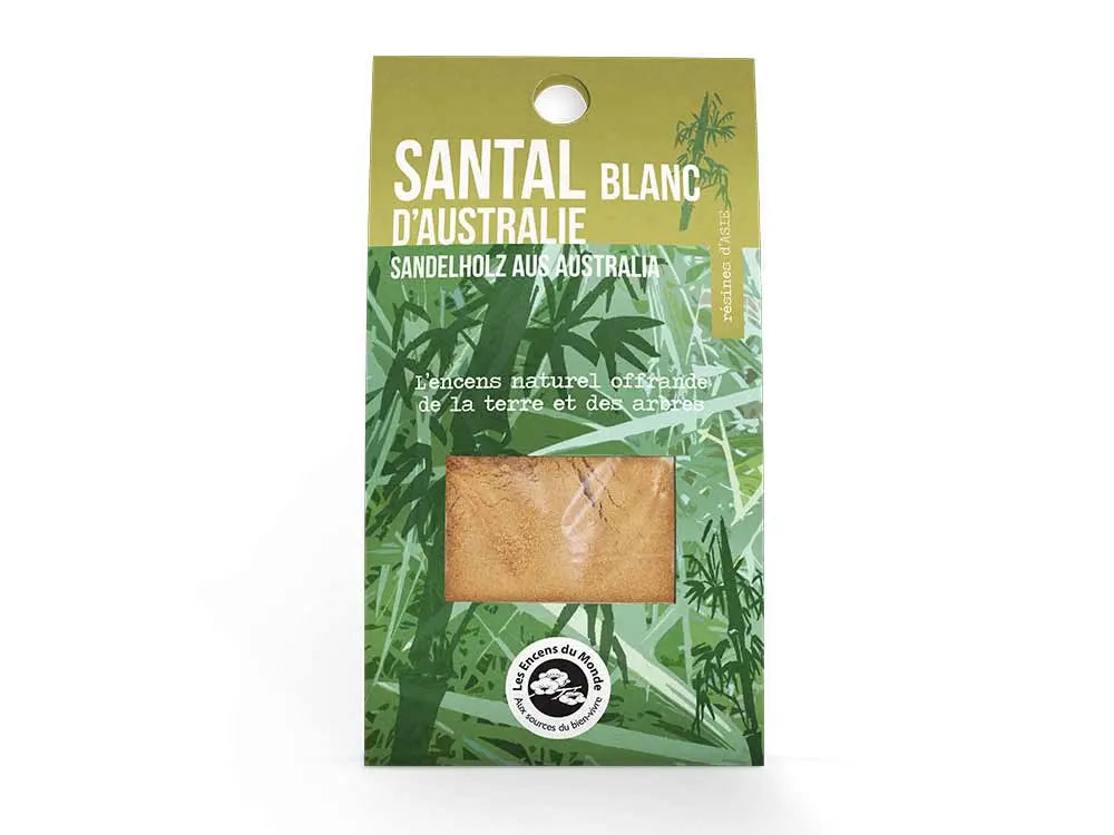 Australian White Sandalwood incense powder in green packaging with bamboo design, natural sacred offering from trees