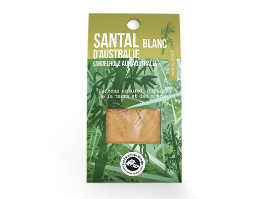 Australian White Sandalwood incense powder in green packaging with bamboo design, natural sacred offering from trees