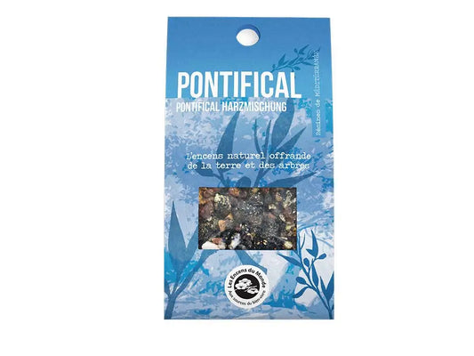 Pontifical Incense 25g package with blue design showing resin blend for spiritual purification and meditation