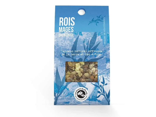 Rois Mages natural resin incense blend in blue packaging showing golden aromatic resins through transparent window