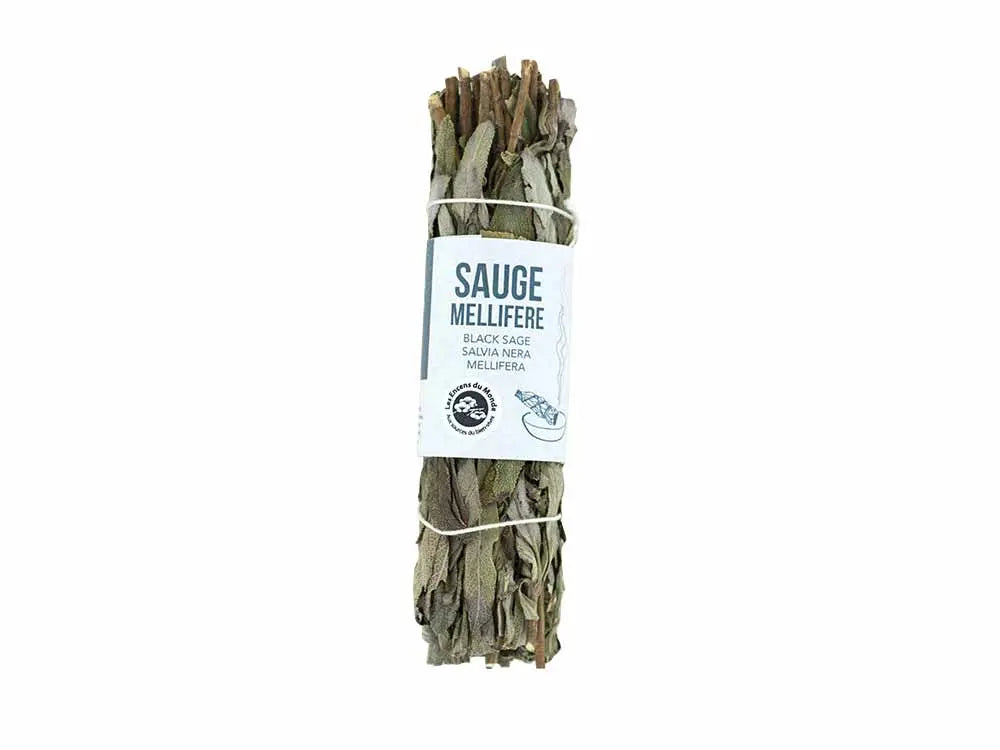 Black Melliferous Sage Smudge Stick bundle with white label, dried herbs bound with string for spiritual cleansing