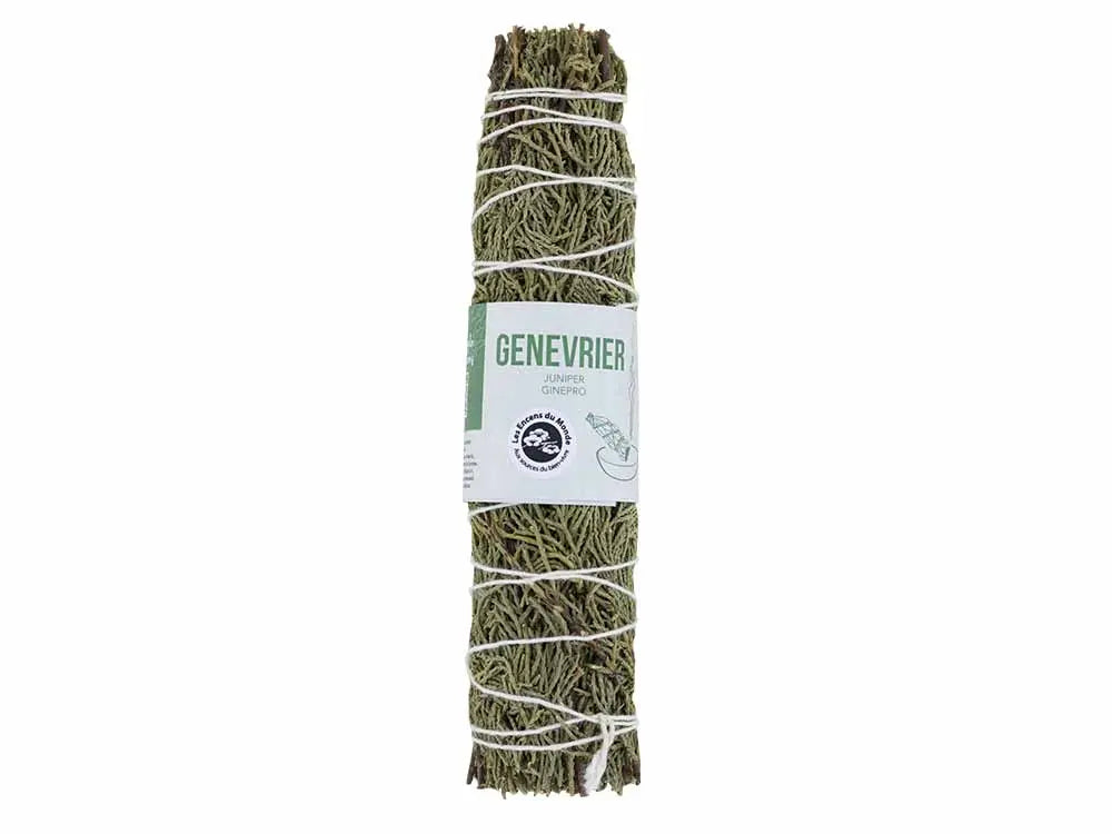 Juniper smudge stick 18cm, dried sage bundle wrapped in white string with Genevrier label for purification and protection