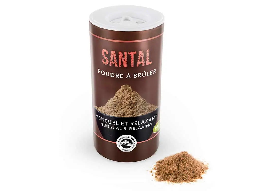 Poudre de Santal natural incense powder in brown container with aromatic sandalwood powder displayed beside it