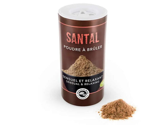 Poudre de Santal natural incense powder in brown container with aromatic sandalwood powder displayed beside it