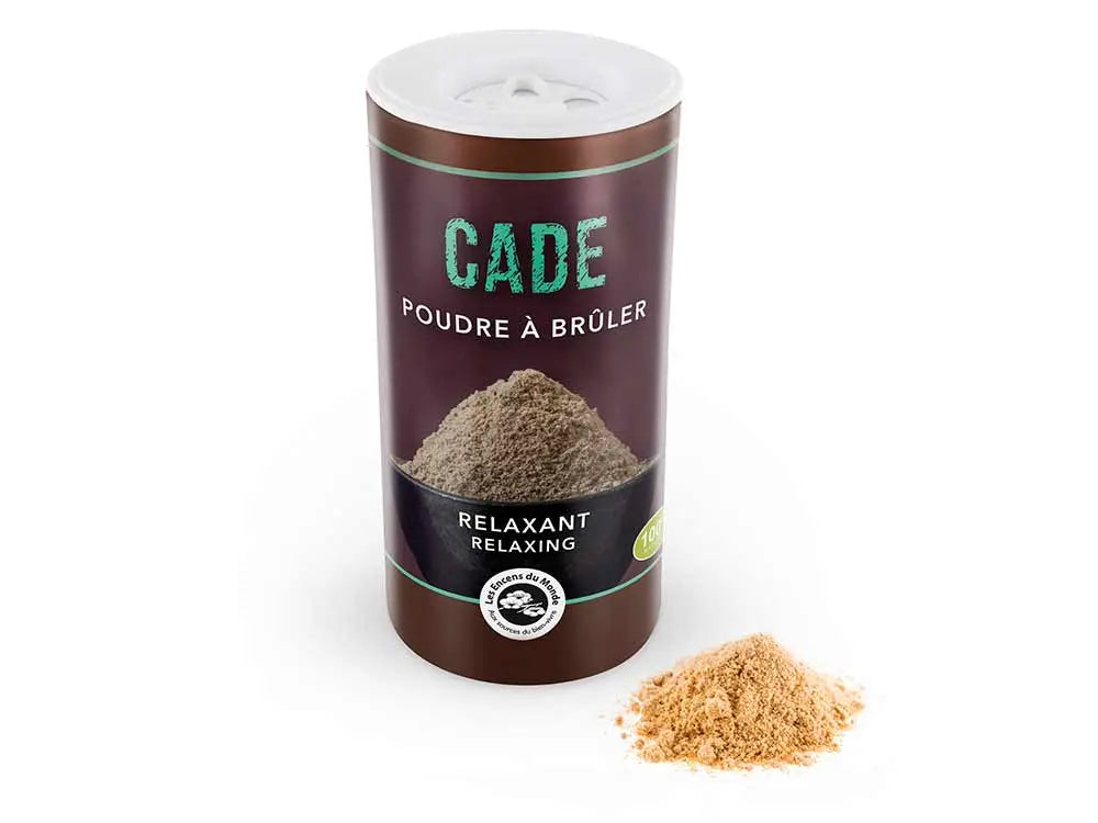 Poudre de Cade a bruler natural brown powder and cylindrical container with relaxing juniper incense powder