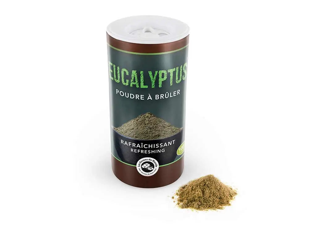 Eucalyptus Poudre a bruler powder container with green label and brown lid, showing loose powder sample beside