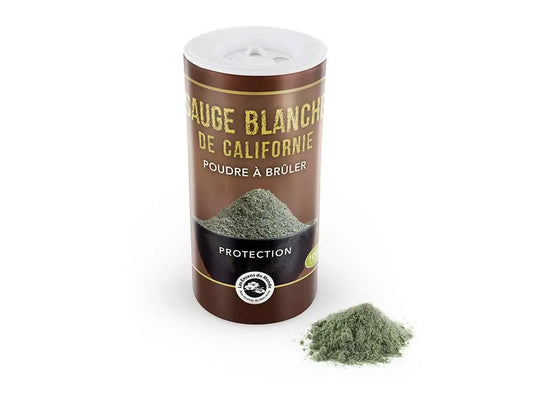 California White Sage burning powder 40g in brown cylindrical container with sage powder displayed beside