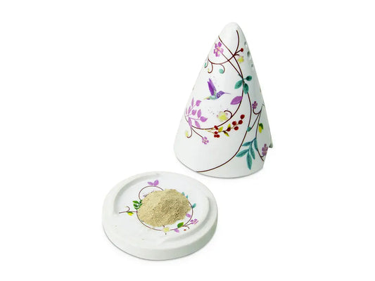 Encensoir Venise porcelain incense burner with floral design and base plate for aromatic wood powder