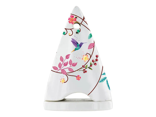 Encensoir Venise porcelain incense burner with colorful floral and hummingbird design on white conical shape base