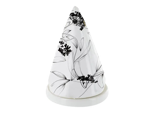 Diffuseur Lutin Saule porcelain incense diffuser with willow pattern design on white cone-shaped body