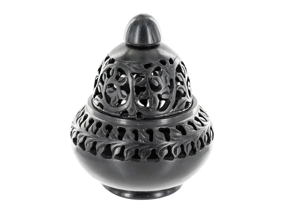 Encensoir Venise black stone incense burner with intricate carved dome pattern and ornate Venetian-inspired details