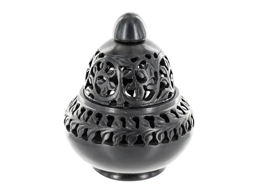 Encensoir Venise black stone incense burner with intricate carved dome pattern and ornate Venetian-inspired details