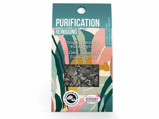 Purification ritual herbs blend in clear packaging with teal and pink design, showing dried sage, rosemary and eucalyptus leaves