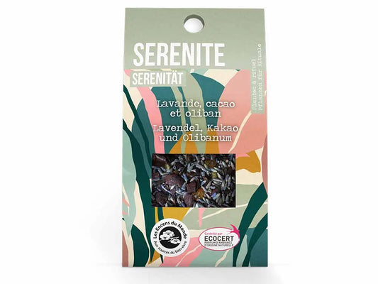 Serenite ritual herbs blend in decorative bag with colorful abstract leaf pattern, featuring lavender and cocoa mix