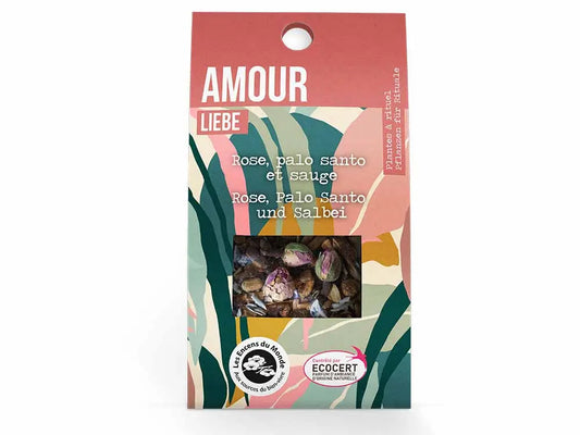 Plantes a rituels Amour ritual blend with palo santo wood, sage and rose buds in eco-friendly packaging with tropical design