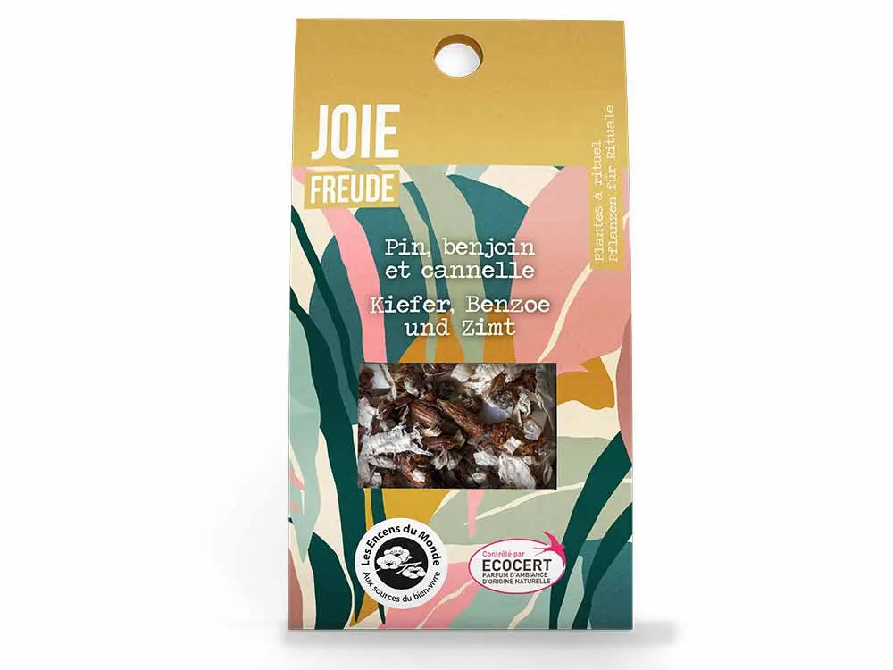 Plantes a rituels Joie - Package of natural ritual herbs with pine buds and benzoin resin in colorful botanical packaging