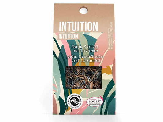Intuition ritual herbs blend in clear packaging with tropical leaf design, featuring cade, sandalwood and lavender
