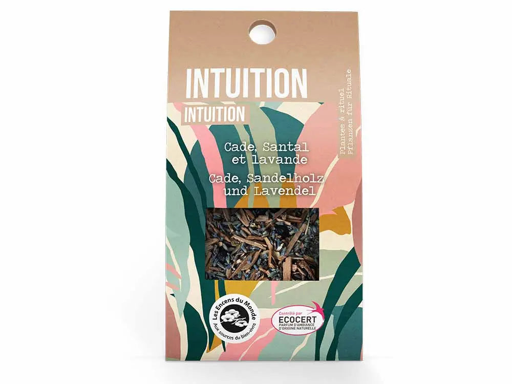 Intuition ritual herbs blend in clear packaging with tropical leaf design, featuring cade, sandalwood and lavender