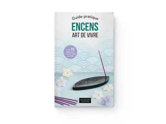Livre encens art de vivre guide pratique book cover with incense holder and sticks on soft blue patterned background
