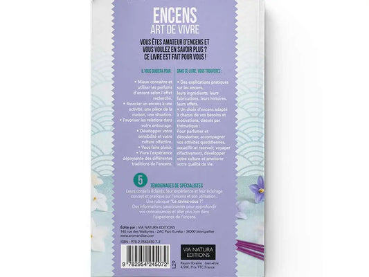 Book cover of Livre encens art de vivre showing purple background with text and decorative border design
