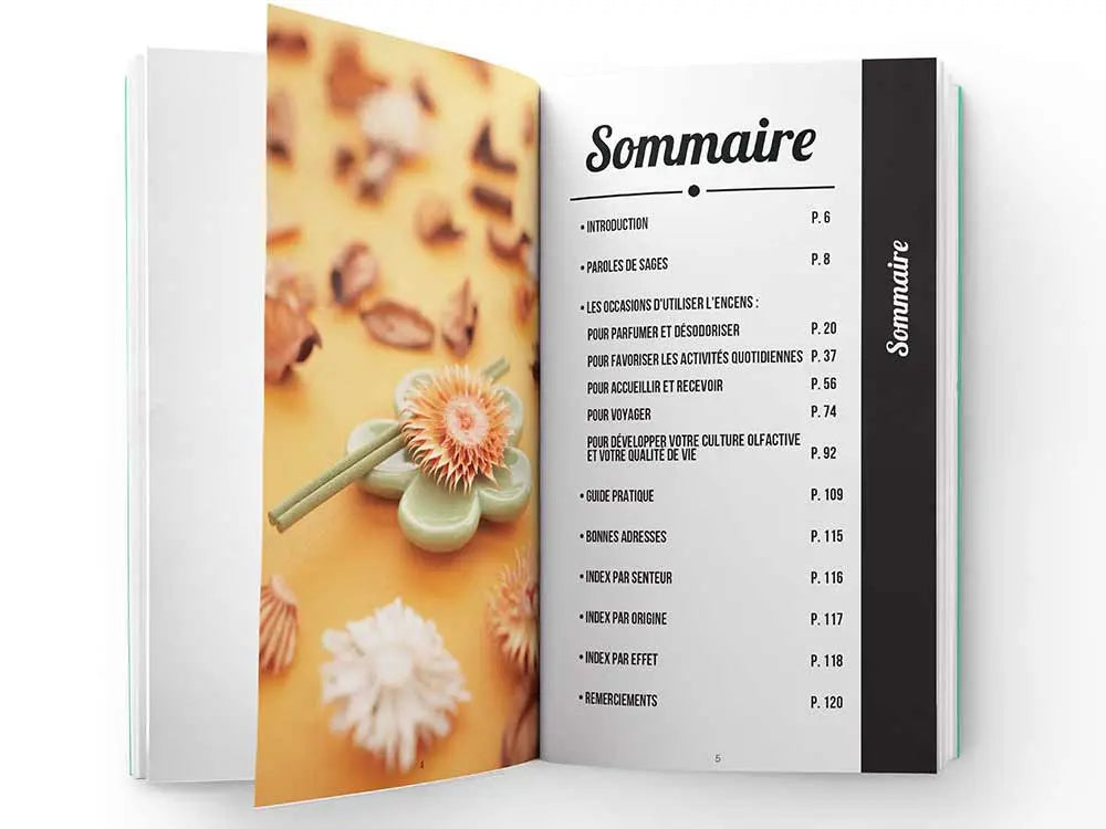 Table of contents page from Livre encens art de vivre guide showing chapters with dried flowers on orange background