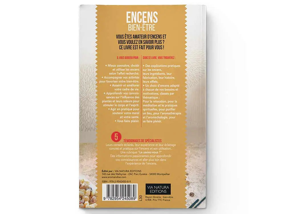 Livre encens bien-etre guide book with golden cover showing wellness incense instructions and benefits