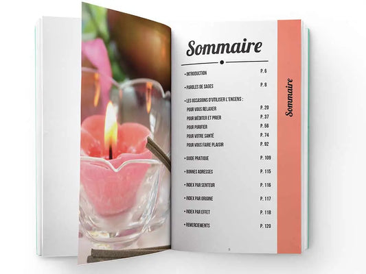 Open book showing table of contents of Livre encens bien-etre with pink candle illustration