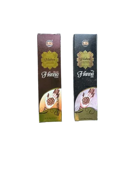 Henna tubes in brown-red and black colors, 30g oriental cosmetic henna for hands, product packaging with decorative design