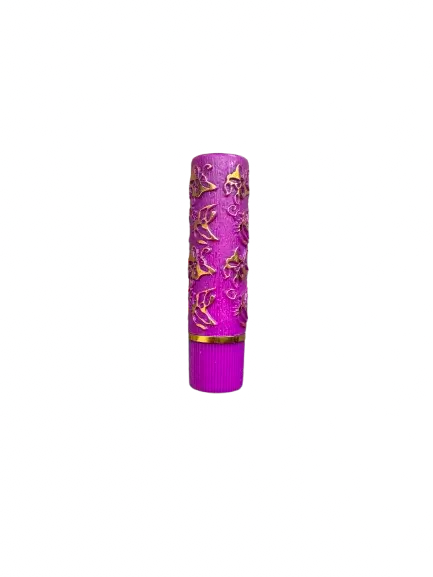 Magic pH-adapting lipstick in bright purple tube with elegant gold butterfly pattern design, long-lasting makeup