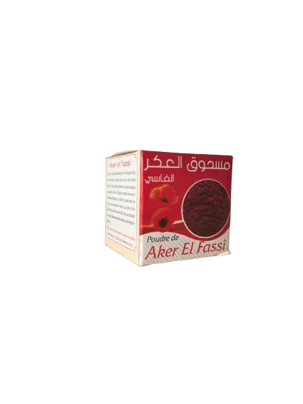 Red Aker El Fassi powder box showing Arabic text and product name, natural lip and cheek tint packaging