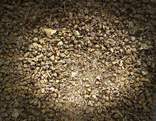 Dried Camomille babounge 40g herb blend showing natural golden-brown flower buds and crushed petals in loose-leaf form