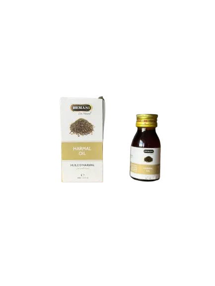 Huile de harmel 30ml bottle and packaging box showing natural harmal oil product with brown glass bottle and gold cap