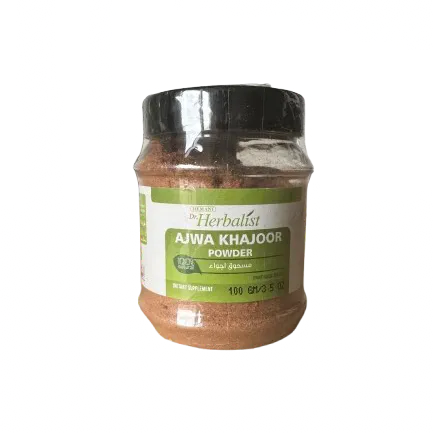 Ajwa Khajoor powder supplement in clear jar with green label, 100g natural date powder for dietary use