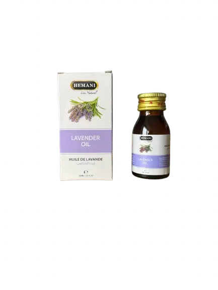 Hemani Lavender Oil 30ml bottle and packaging box with purple design showing lavender flowers and Arabic text