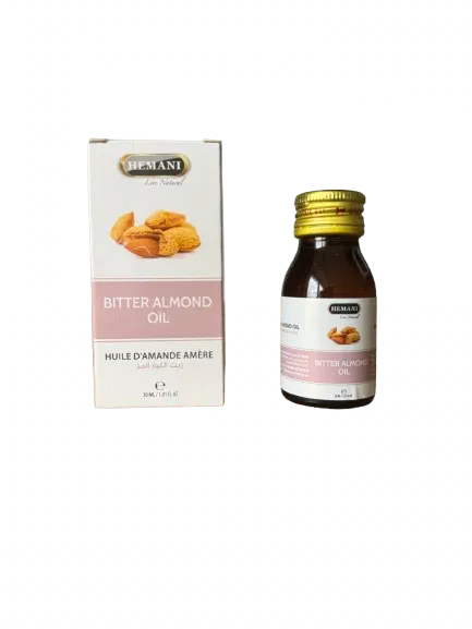 Hemani Bitter Almond Oil 30ml bottle and packaging box showing product image and multilingual labeling
