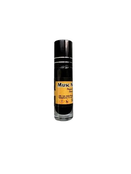 Black roll-on bottle of Musc blanc ou noir perfume 6ml with gold label against white background