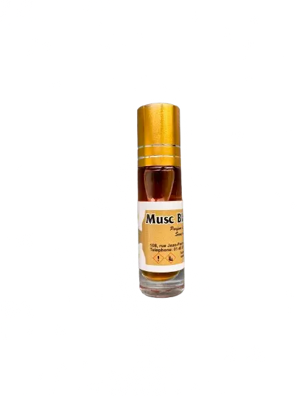 Musc blanc ou noir roll-on perfume bottle with golden cap in 6ml size against white background