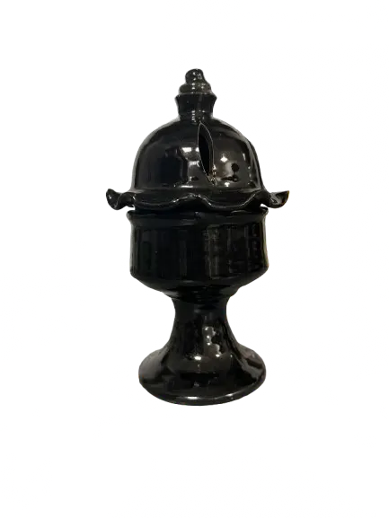 Black Majmar noir incense burner with dome lid and pedestal base, traditional mabkhar design in glossy ceramic finish