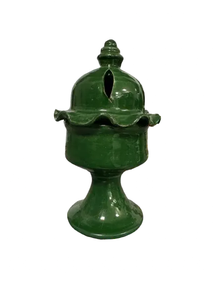 Green Majmar mabkhar incense burner with dome lid and decorative ruffled edge on pedestal base