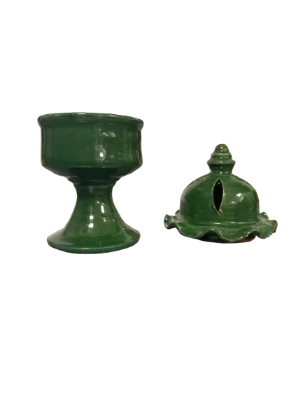 Green Majmar mabkhar incense burner with pedestal base and decorative dome lid, traditional Moroccan ceramic design