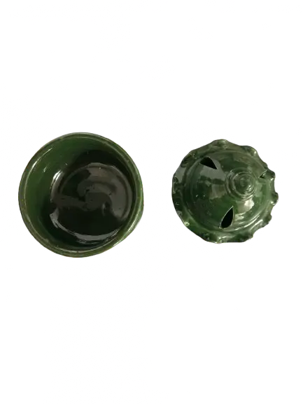Green Majmar incense burner with decorative lid and bowl design viewed from above, showing ceramic glaze finish